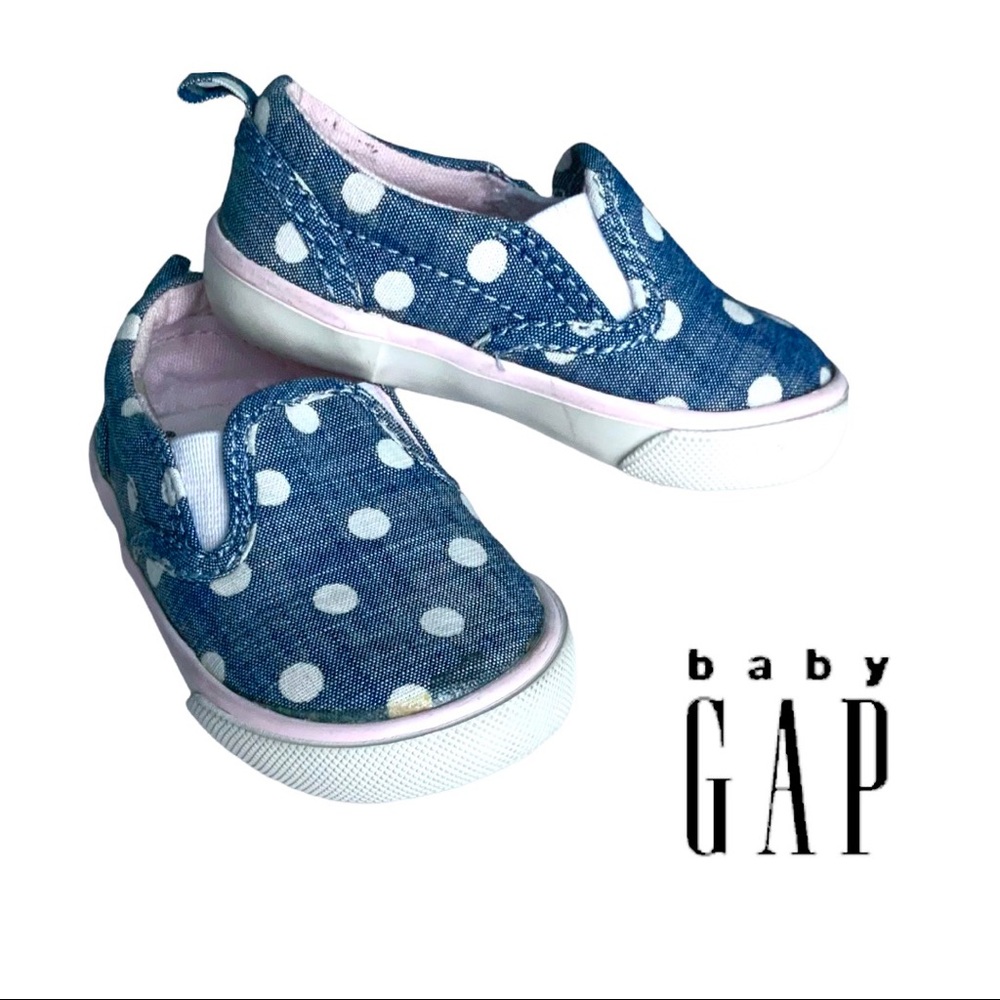 🌟3for$30 Baby GAP PEANUTS Blue Denim Polkadot Tennis Shoes Loafers 18mos/sz5